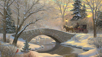 

Рисунок живопись картина зима, фото повозка, мост

