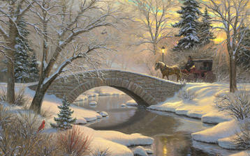 

Рисунок живопись картина зима, фото повозка, мост

